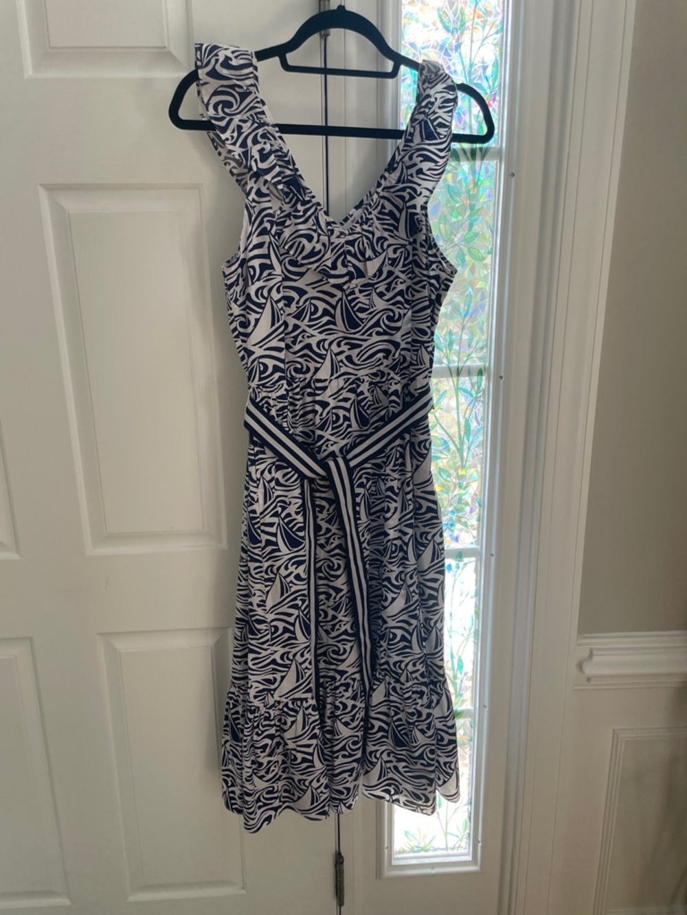 Vineyard Vines Navy and White Abstract-Print V-Neck Midi Dress with Striped Belt